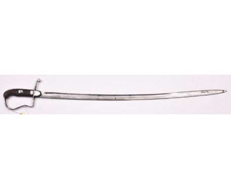 An early 19th century European Light Cavalry trooper’s sword, slightly curved fullered blade 34”, steel stirrup hilt with wir