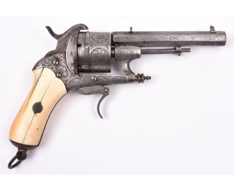 A Belgian 6 shot 12mm Chamelot &amp; Delvigne double action pinfire revolver, c 1865, sighted octagonal barrel 114mm, the bre