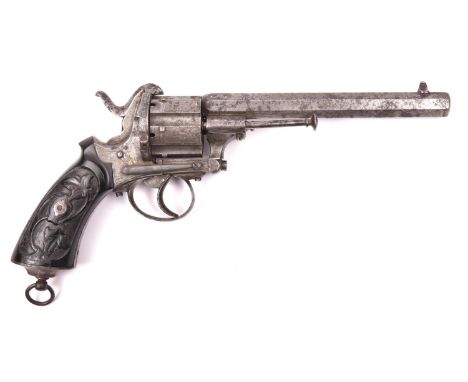 A Belgian 6 shot 12mm Auger double action pinfire revolver, c 1866, octagonal barrel 165mm inlaid in gold “SCHOLBERG &amp; GA