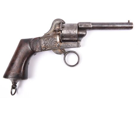 A French 6 shot 7mm Michalon self cocking ring trigger pinfire revolver, c 1860, round barrel 87mm, stamped on both sides of 