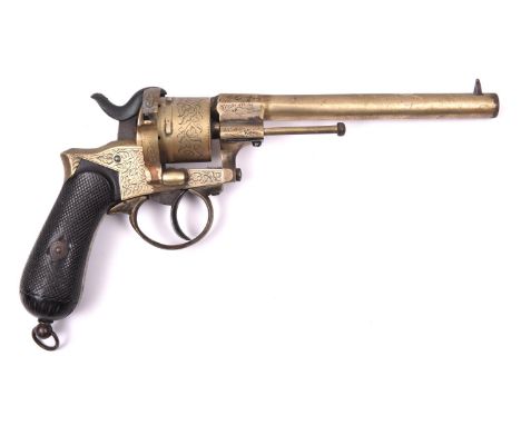 A Belgian 6 shot 9mm Fraikin all brass double action pinfire revolver, number 246412, round barrel 156mm, the breech stamped 