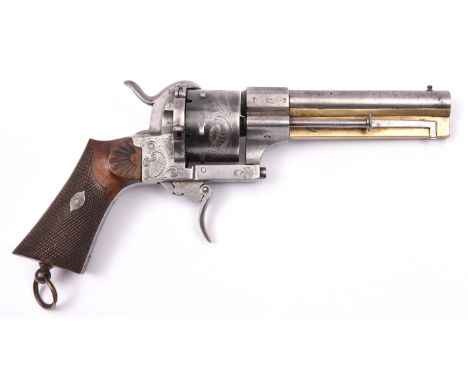 A Spanish 6 shot 12mm Elola double action pinfire revolver with retractable dagger beneath the barrel, c1866, round barrel 12