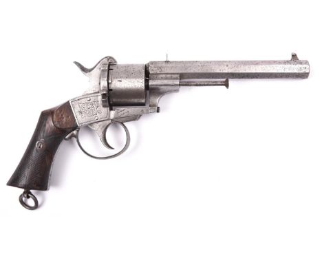 A Belgian 6 shot 12mm Lefaucheux double action pinfire revolver, number 27876, c 1860, sighted octagonal barrel 157mm, the br