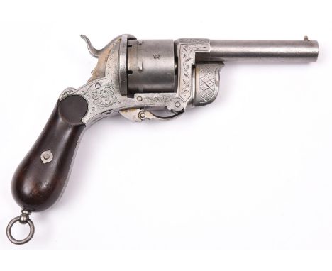 A French 6 shot 9mm Eyraud double action pinfire revolver, round barrel 95mm, the breech stamped “BREVETE F. EYRAUD SGDG”, a 