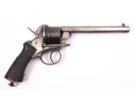A Belgian 6 shot 12mm Comblain double action pinfire revolver, number 3964, c 1865, octagonal barrel 171mm, the left frame be