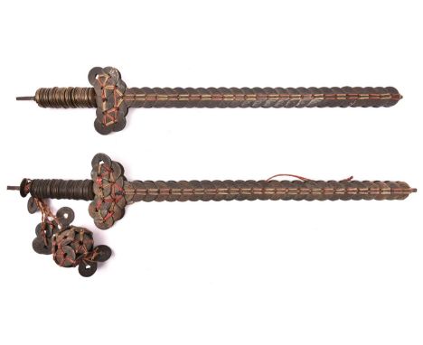 2 Chinese coin swords, 19" overall, each composed of over 150 brass coins, one with additional “ball” of approximately 15 coi