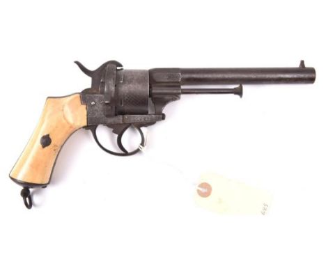 A Belgian 6 shot 12mm Lefaucheux double action pinfire revolver c 1866, number 142628 on one side of the frame and 11662 on t