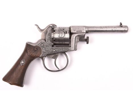 A Belgian 6 shot 7mm Pliers patent double action pinfire revolver, number 638, c  1866, round barrel 97mm, the breech stamped