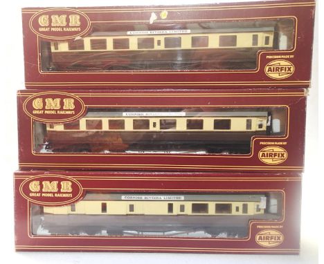 OO gauge rake of three Airfix/GMR G.W.R centenary coaches, two comp and brake end Cornish Riviera roof boards in excellent co