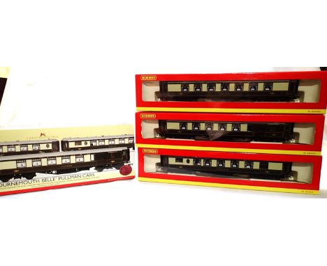 OO scale Hornby R4169 Bournemouth Belle coach pack, comprising of three Pullman cars with lights, car 66, car 63 and Fingall,