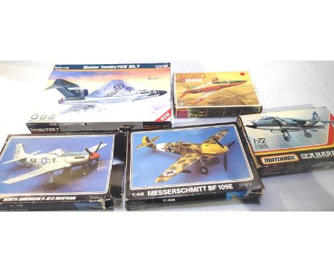 Five 1/72 scale model aircraft kits, appear complete, unchecked plus a box containing spare kit parts. P&amp;P Group 1 (£14+V