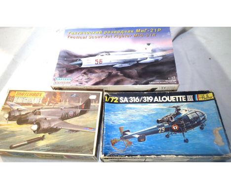 Three 1/72 scale aircraft kits, Matchbox, Heller, Eastern Express, unchecked, wear to boxes. P&amp;P Group 1 (£14+VAT for the