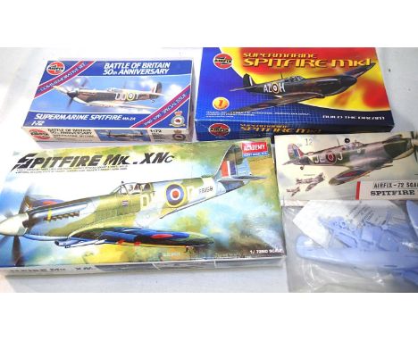 Four 1/72 scale Spitfire plastic kits, Airfix and Academy models 1X, MK1, XNC, MK2A, appear as new, wear to boxes, unchecked.