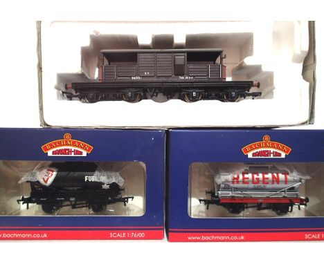 OO scale, Bachmann, 3x wagons, 37-658A Fina tanker, excellent - fair box, Queen Mary brake van SR - excellent condition, part