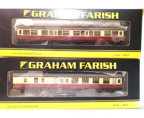 N gauge, 2x crimson/cream Farish coaches, 374-560 Hawksworth 1st/3rd corr/comp, 374=185C BR MK1 brake/second, both in excelle