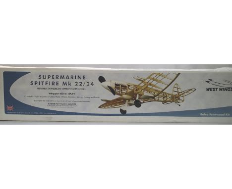 Flying scale model; West Wings Spitfire MK 22/24, L: 62 cm, Balsa/Tissue, rubber powered, as new, wear to box. P&amp;P Group 