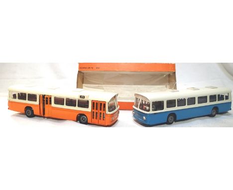 Two Tekno Scania CR 76 buses, blue/white, excellent condition, no decals applied (missing), orange/cream, very good condition