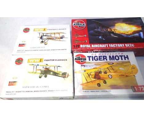 Four Airfix 1/72 scale Bi plane kits, Tiger Moth, Sopwith Camel, Sopwith Pup, RAF BE2C, all appear new/sealed, storage wear t