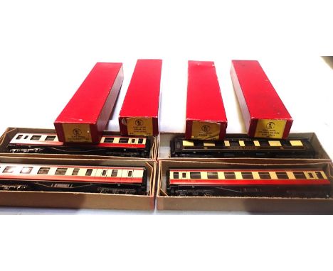 OO scale Trix Twin four scale length coaches, Pullman and three Carmine/Cream, all good condition, boxed. P&amp;P Group 1 (£1