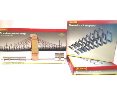 OO scale, Hornby R8008 Grand Suspension Bridge, plus 2x R909 elevated supports sets, all appear complete/unused, boxes have s