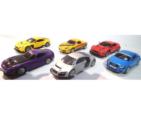 Six Scalextric slot cars, in very good condition, missing two mirrors and spoilers, unboxed. P&amp;P Group 1 (£14+VAT for the