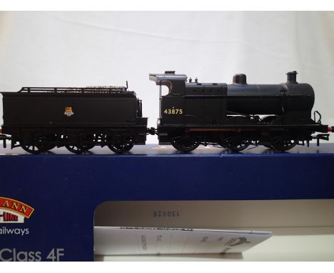 OO scale Bachmann 31881, class 4F, 43875, Black Early Crest in near mint condition, storage wear to box. P&amp;P Group 1 (£14