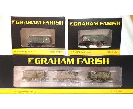 N gauge Farish wagons, 377-235A set of 3 mineral wagons (weathered), 377-225 B 16T mineral wagon and 377-225 C 16T mineral wa
