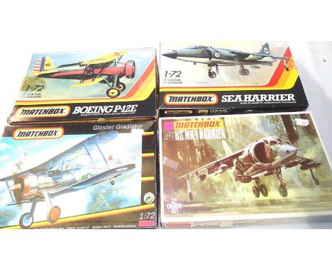 Four 1/72 scale Matchbox aircraft kits including Harrier and Sea Harrier, appear as new, wear to boxes, unchecked. P&amp;P Gr