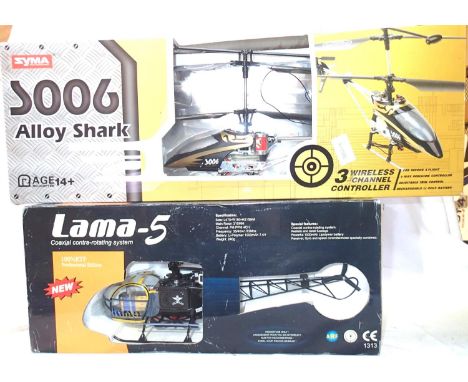 Two radio control helicopters, Syma Alloy Shark and Lama 5, both appear to be in good condition/boxed and untested. P&amp;P G