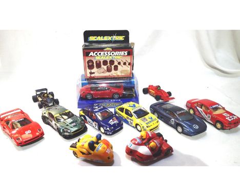 Eleven Scalextric slot cars including 2x motorbike and sidecar, mostly in very good condition, some missing mirrors, spoilers