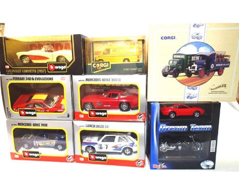 Eight assorted boxed diecast vehicles including 5x 1/24 Burago, Corgi 97752 Ruddles twin set, Corgi 91644 Ford Transit AA van