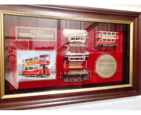 Matchbox Yesteryear framed and glazed wall mounted display case of Preston Tramcar, shows component parts and completed model