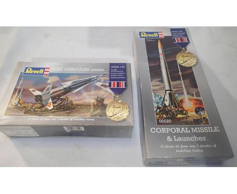 Two Revell missile kits; 1/35 scale Corporal missile and launcher and 1/40 scale Nike Hercules missile, both as new, wear to 