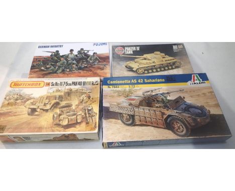 Four 1/72 and 1/76 scale military related kits, vehicles and figures, unchecked, wear to boxes. P&amp;P Group 1 (£14+VAT for 