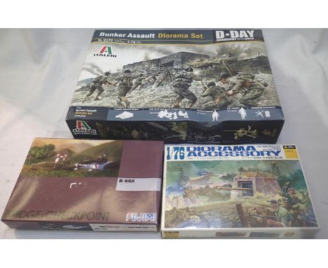 Three military related 1/72 scale Diorama kits, bunker assault, anti tank obstacles and watch tower, bridge and checkpoint, a