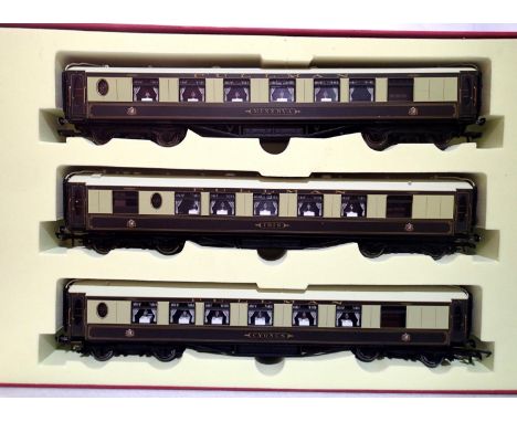 OO gauge Hornby set of three Pullman cars, taken from the boxed set comprising of Minerva, IBIS and Cygnus all with lights in