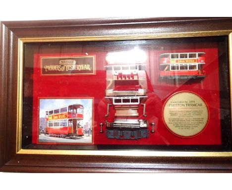 Matchbox Yesteryear wall mounted display case showing component parts and completed model of Preston tramcar, in very good to