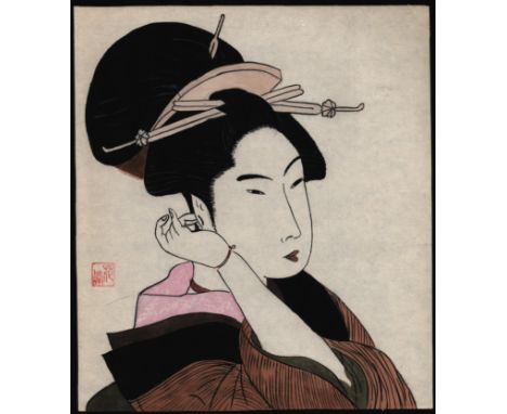 JAPANESE WOODBLOCK PRINT OF A BEAUTIFUL YOUNG WOMAN SIGNED WITH RED SEAL
AFTER UTAGAWA YOSHIFUJI (1828-1887)
APP.SIZE: 24cm x