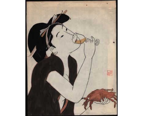 JAPANESE WOODBLOCK PRINT OF A BEAUTIFUL YOUNG WOMAN DRINKING AND HOLDING CRAB SIGNED WITH RED SEAL
AFTER UTAGAWA YOSHIFUJI (1