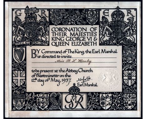 1937 TICKET FOR CORONATION OF THEIR MAJESTIES&nbsp; KING GEORGE VI &amp; QUEEN ELIZABETH
APP.SIZE: 26cm x 22cm
ACCEPTABLE CON