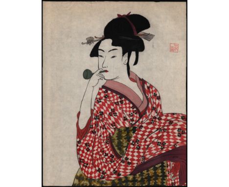 JAPANESE WOODBLOCK PRINT OF A BEAUTIFUL YOUNG WOMAN SMOKING A PIPE WITH RED SEAL 
AFTER UTAGAWA YOSHIFUJI (1828-1887)
APP.SIZ
