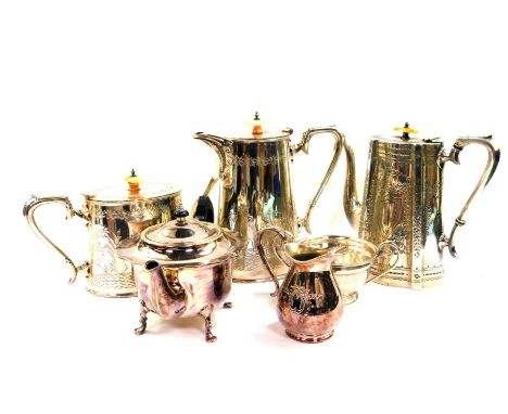 A Walker &amp; Hall silver plated teapot and coffee pot, engraved with storks amongst bull rushes, Victorian plated coffee po