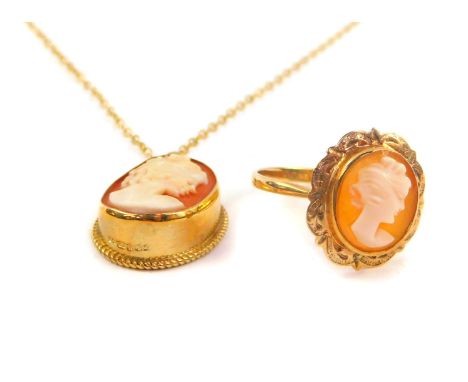 A 9ct gold and shell cameo ring, bust portrait of a lady, size P, and a 9ct gold and shell cameo pendant on chain, bust portr