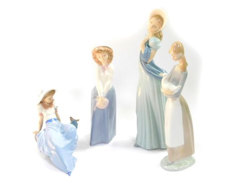 Lladro and Nao porcelain figures, comprising; a girl with her hands clasped in front of her, girl in a turquoise dress wearin