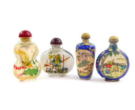 Two Chinese glass inside painted snuff bottles with stoppers, one decorated with a cricket, the other with flowers, together 