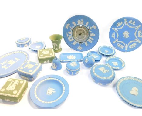 Wedgwood Jasperware, light blue and green, including a wall barometer, pomander, bell, commemorative plates, dishes, boxes an