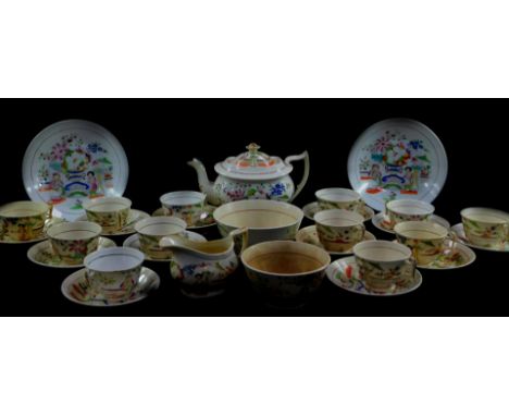 A Hilditch early 19thC porcelain part tea service, chinoiserie decorated with figures in a garden, comprising teapot, cream j