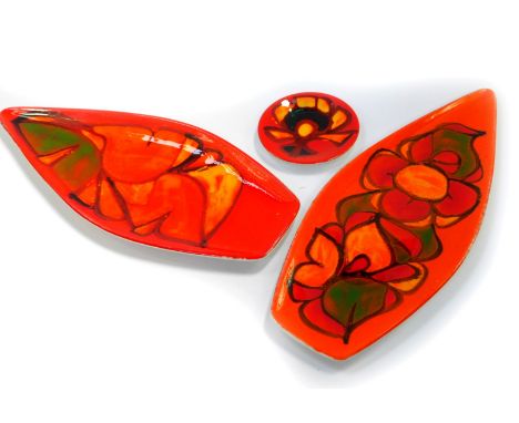 A pair of Poole pottery Delphis Range spear shaped dishes, with geometric decoration, No 82, printed marks, 42.5cm high, and 