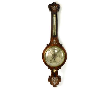 D Barloni of London. An early 19thC rosewood banjo barometer, silvered dial, with thermometer, the case mother of pearl inlai