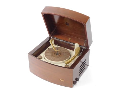 A Pye mid 20thC mahogany cased record player, with a cream and brown BSR interior, 28.5cm high, 43.5cm wide, 35cm deep. (AF)T